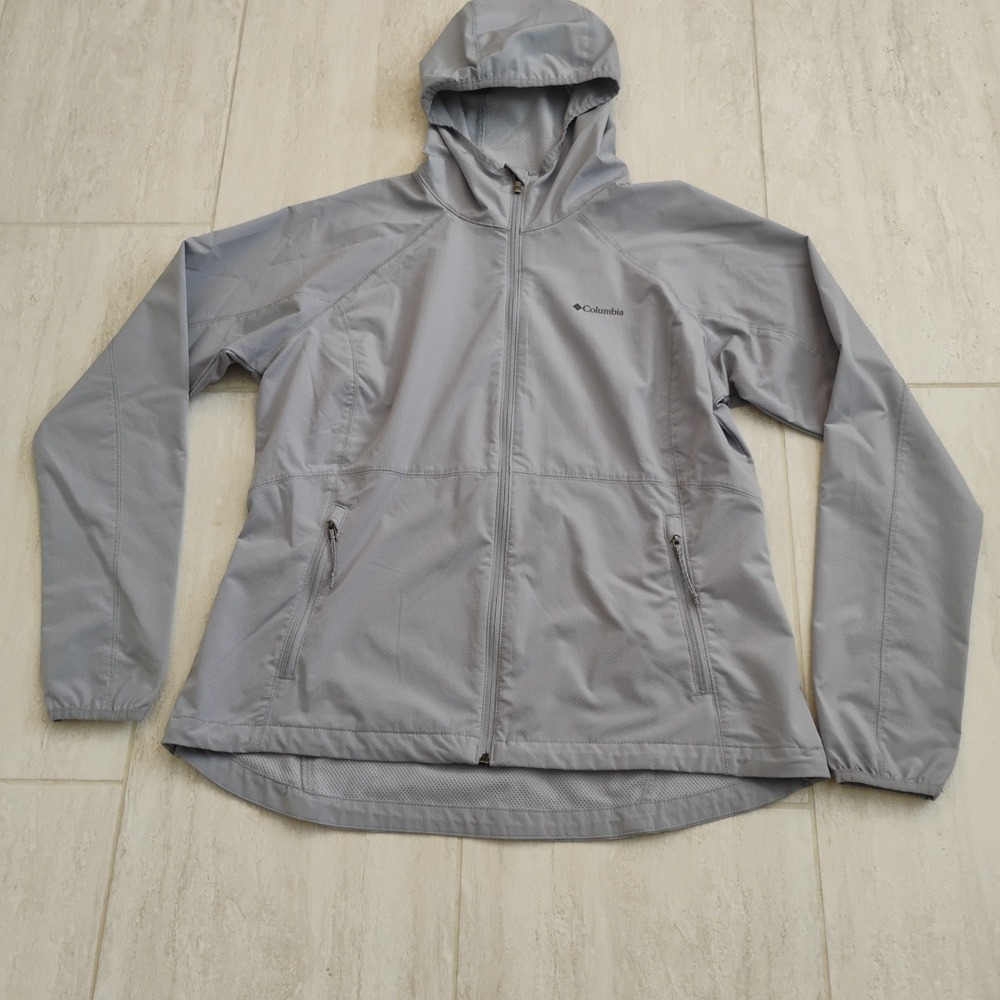 Columbia Windbreaker Jacket Womens XL Extra Large Gray Hooded Zip Mesh Lined